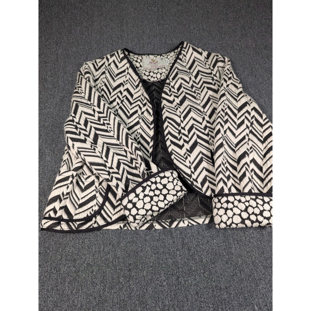 Janska Womens Small Chevron Knit Open Front Cardigan Jacket Black White USA Made